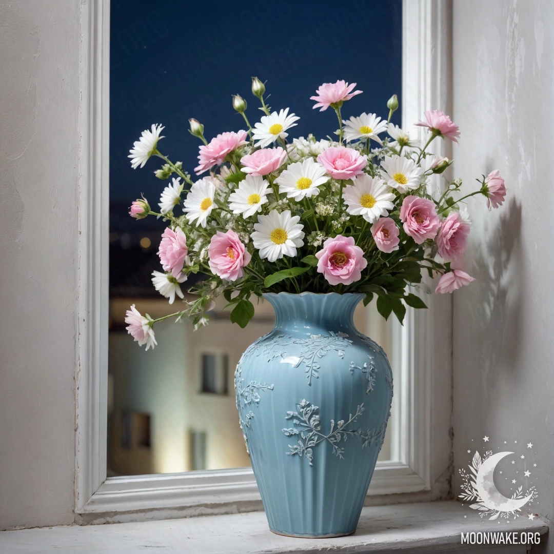 A shabby pastel blue vase filled with white and pink flowers against a worn white wall at night.