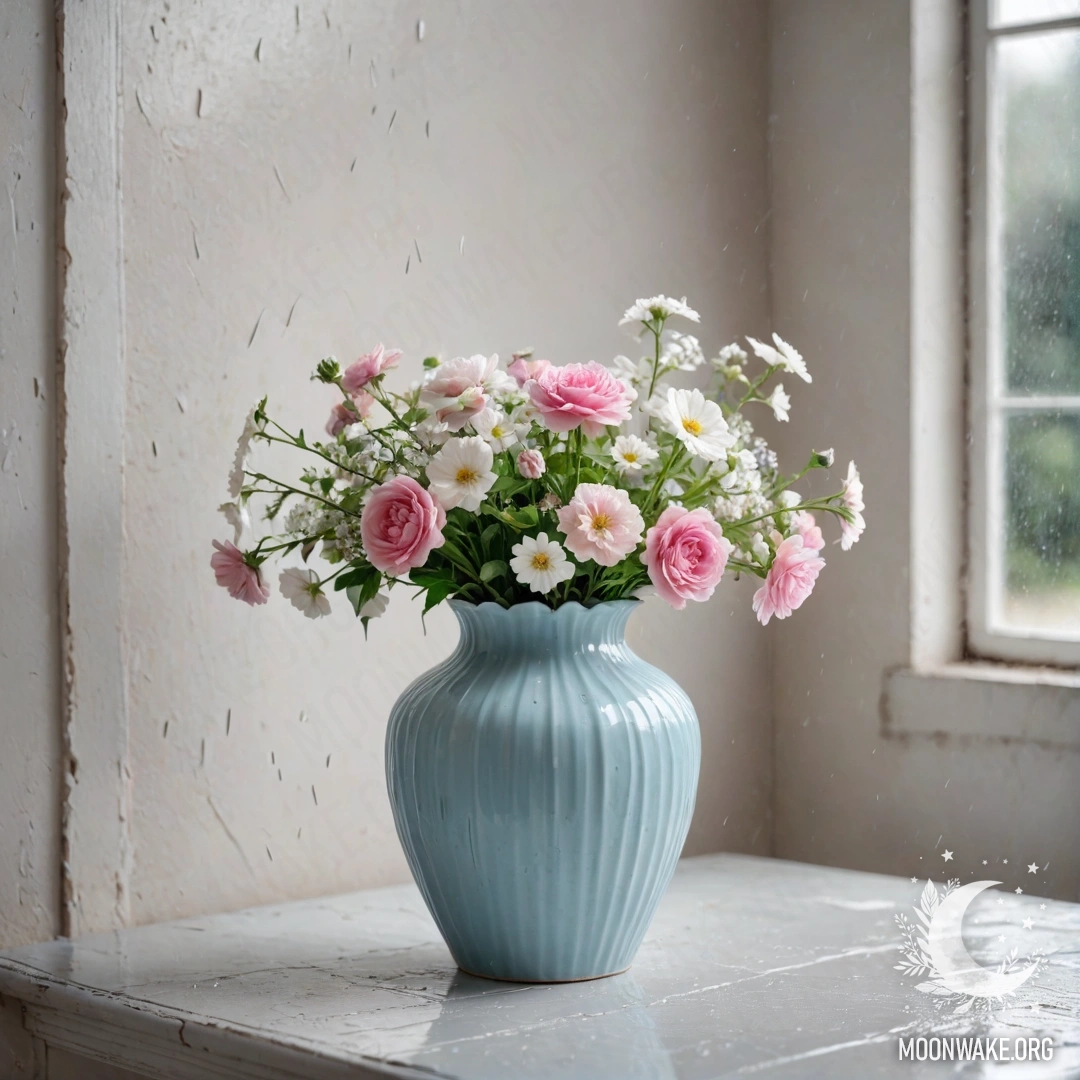 Pastel Blue Vase with Flowers in the Rain A shabby pastel blue vase filled with white and pink flowers against a white wall in the rain.