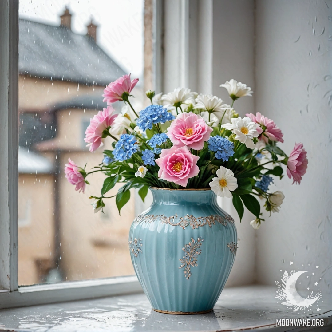 Pastel Blue Vase with Flowers A shabby pastel blue metal vase holding white and pink flowers against a white wall, with raindrops falling around.