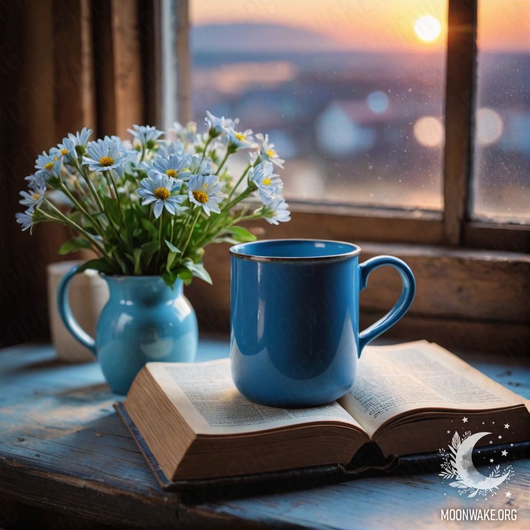 A shabby pastel blue vase filled with white and pink flowers against a white shabby wall during sunset.