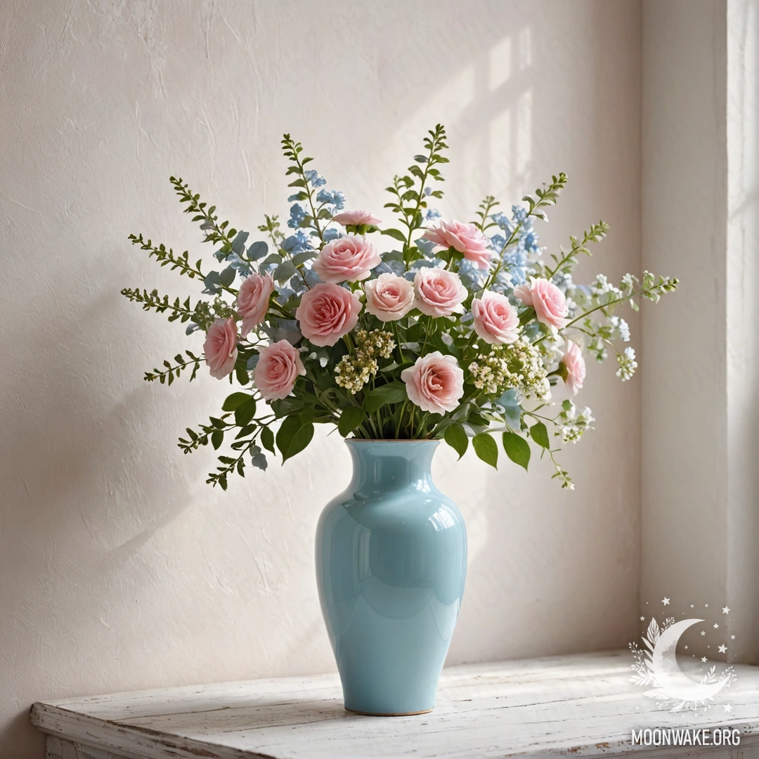 Pastel Blue Vase with Flowers at Sunset A shabby pastel blue vase with white and pink flowers against a shabby white wall during sunset.