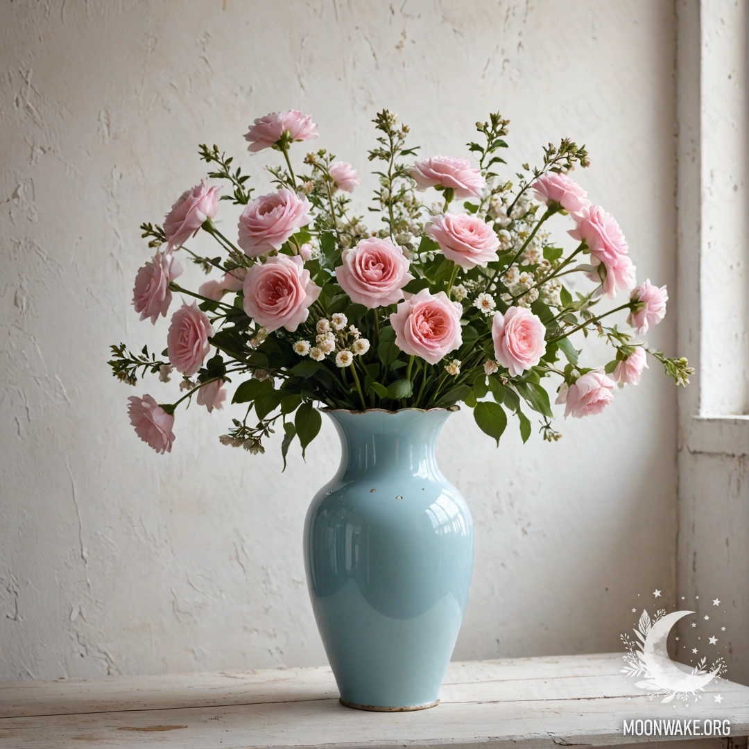 A shabby metal pastel blue vase filled with white and pink flowers against a shabby white wall during sunset.