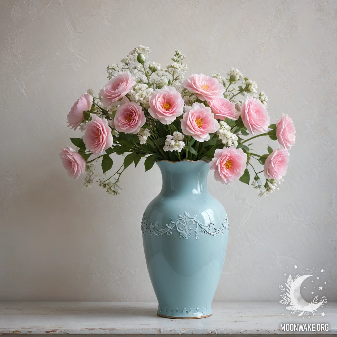 A shabby pastel blue vase filled with white and pink flowers against a worn white wall during sunset.