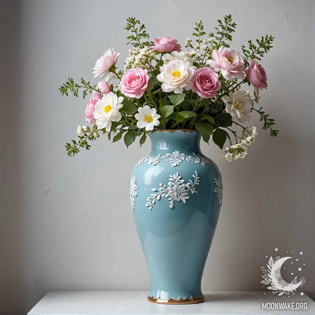 Pastel Blue Vase with Flowers Against Shabby Wall A shabby pastel blue vase holding white and pink flowers against a worn white wall at night.
