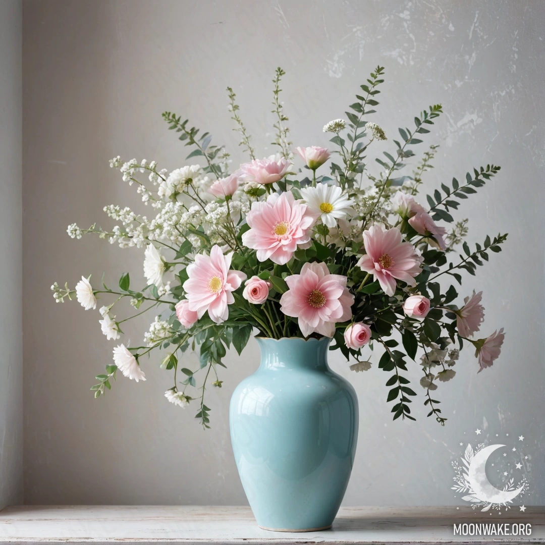Pastel Blue Vase with Flowers Against a White Wall A shabby pastel blue metal vase filled with white and pink flowers, against a shabby white wall illuminated by garland lights.