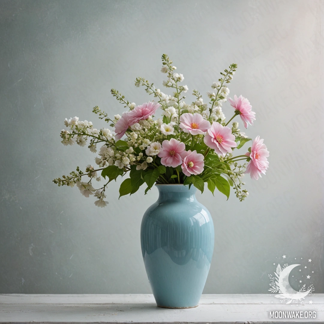 A shabby pastel blue vase holding white and pink flowers against a white wall covered in mist.