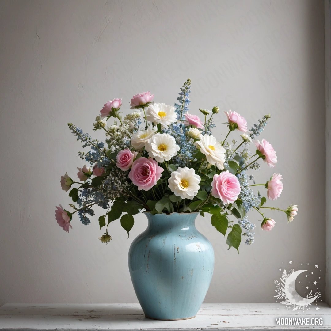 A shabby pastel blue vase filled with white and pink flowers against a shabby white wall at night.