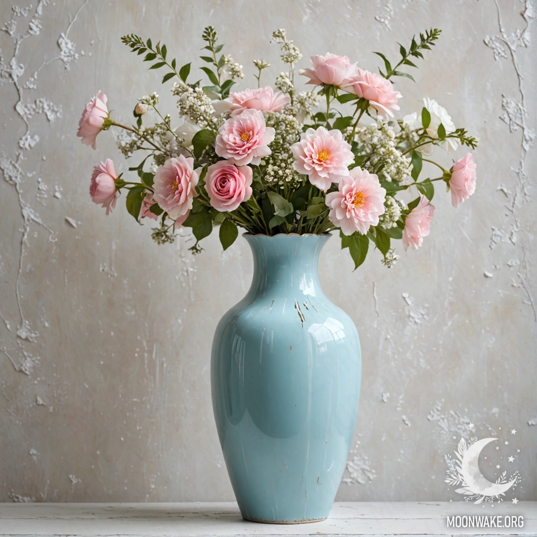 A shabby pastel blue vase with white and pink flowers against a white wall illuminated by garland lights.