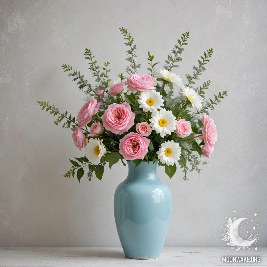 Pastel Blue Vase with Fresh Flowers A shabby pastel blue vase filled with white and pink flowers against a worn white wall adorned with garland lights.