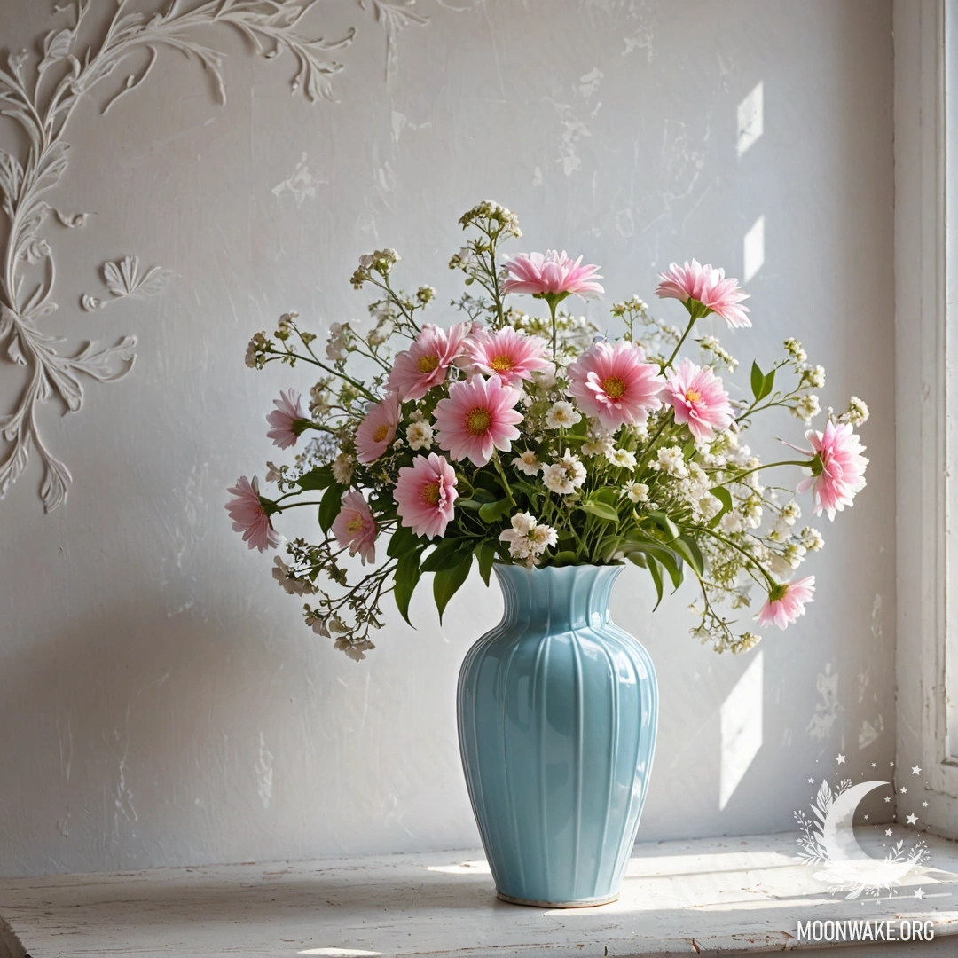 A shabby pastel blue vase filled with white and pink flowers, set against a worn white wall illuminated by sun rays.