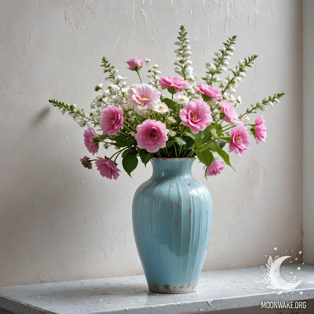A shabby pastel blue vase with white and pink flowers against a white wall in the rain.