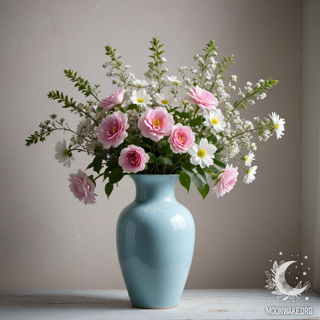 A shabby pastel blue metal vase filled with white and pink flowers against a shabby white wall at night.
