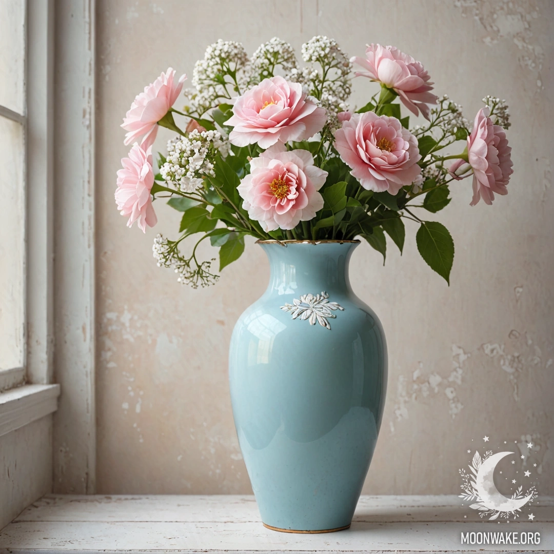 Pastel Blue Vase with White and Pink Flowers A shabby pastel blue vase filled with white and pink flowers against a white wall at sunset.