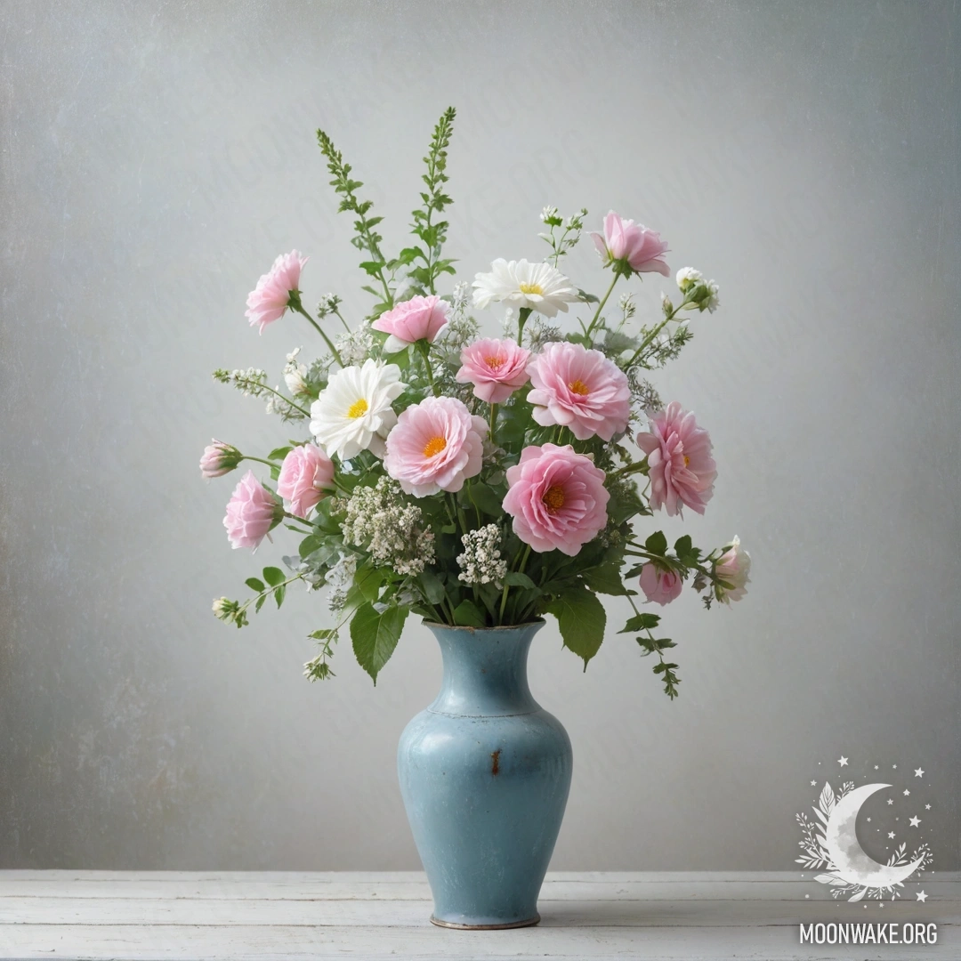 A shabby pastel blue vase filled with white and pink flowers against a white wall shrouded in dense fog.