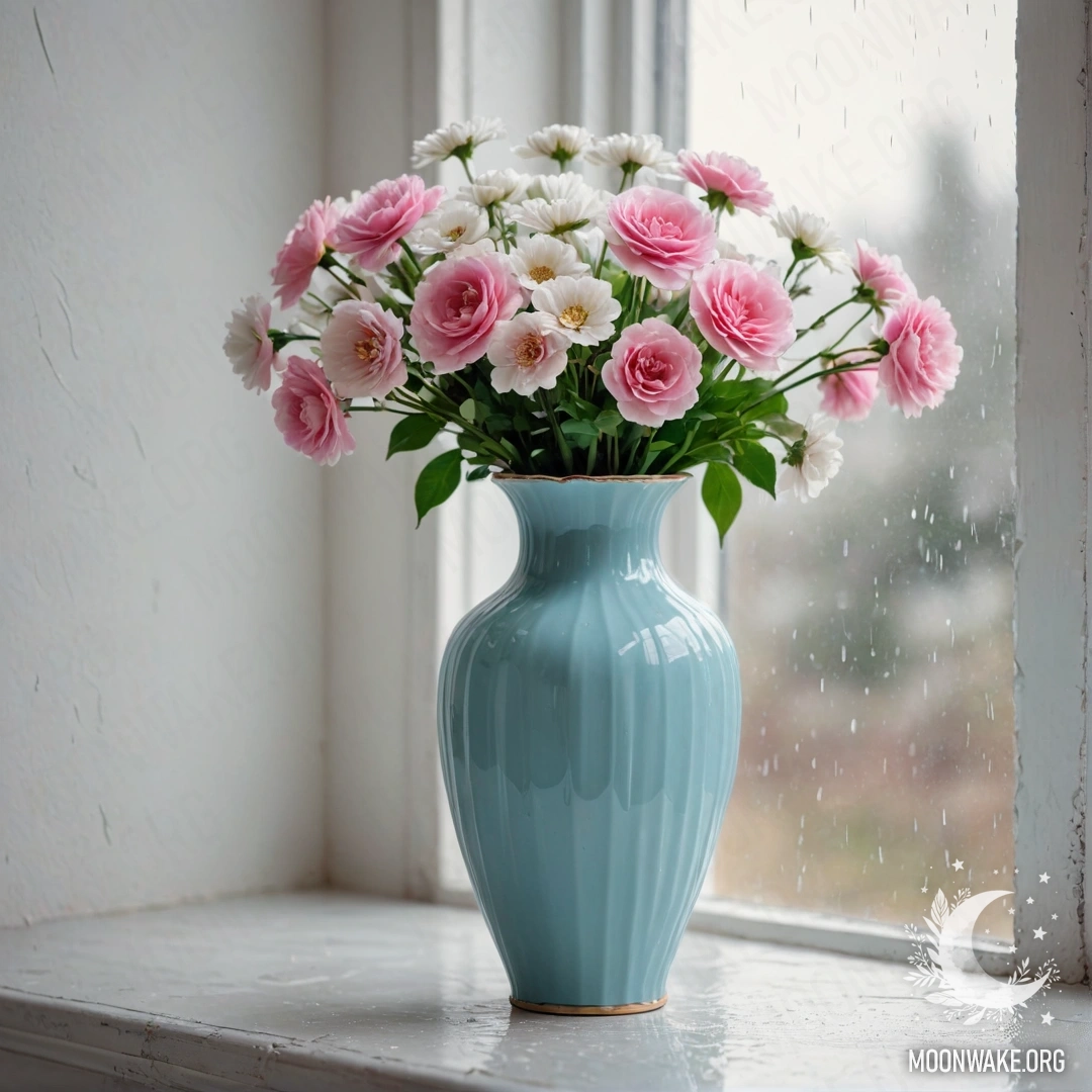 Pastel Blue Vase with Flowers A shabby pastel blue vase filled with white and pink flowers against a worn white wall, featuring raindrops.