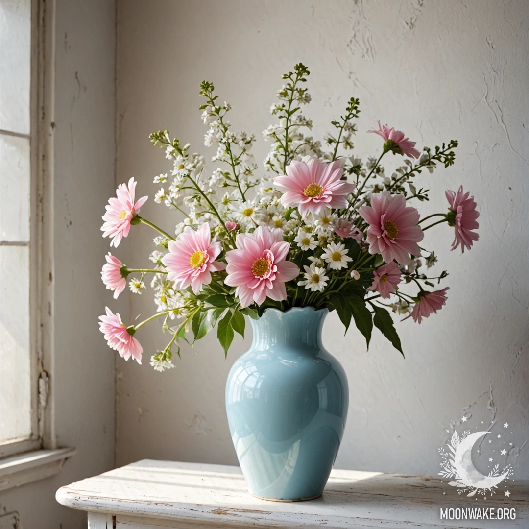 Pastel Blue Vase with Flowers A shabby pastel blue vase filled with white and pink flowers against a white wall illuminated by sun rays.