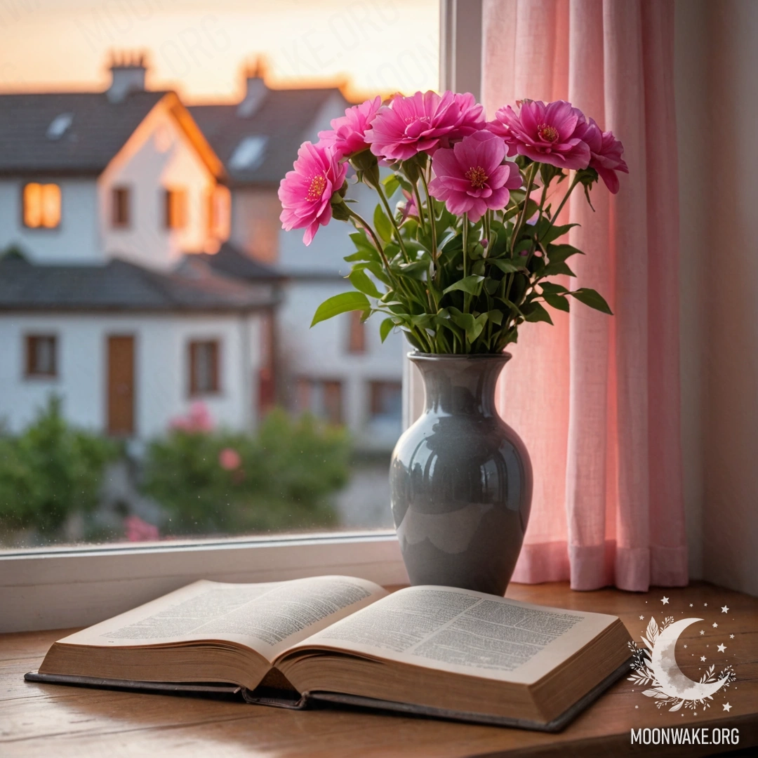 A shabby pastel blue vase filled with white and pink flowers against a white wall, illuminated by sun rays.
