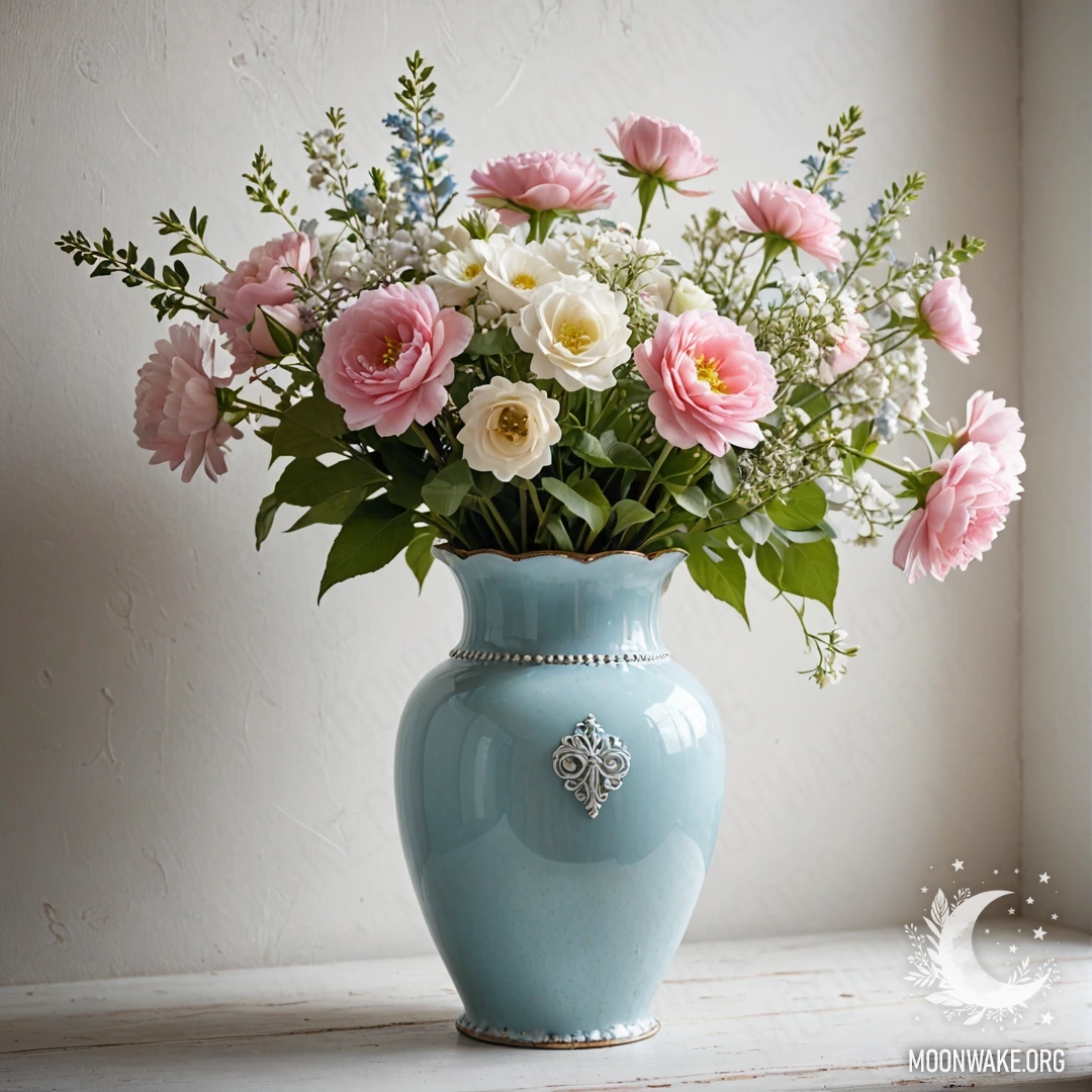 A shabby metal pastel blue vase filled with white and pink flowers against a white wall adorned with garland lights.