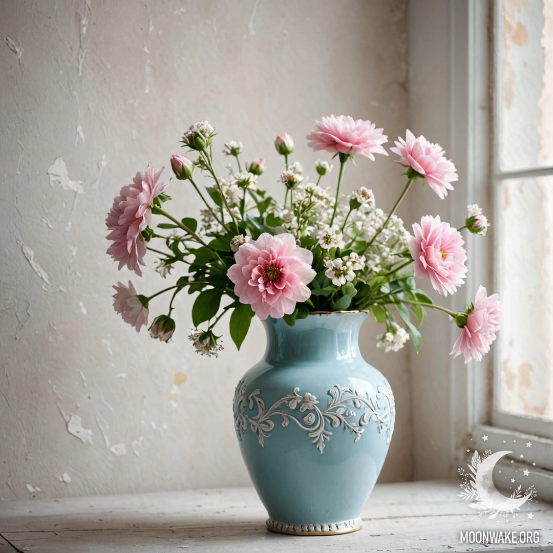 A shabby pastel blue vase filled with white and pink flowers against a distressed white wall