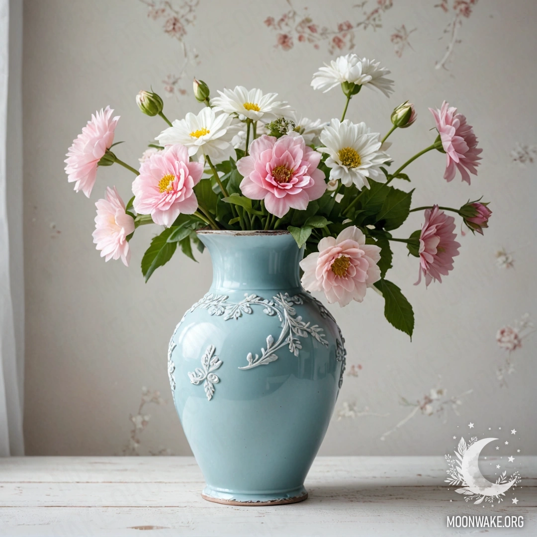 Pastel Blue Vase with Flowers A shabby pastel blue metal vase filled with white and pink flowers against a white wall.