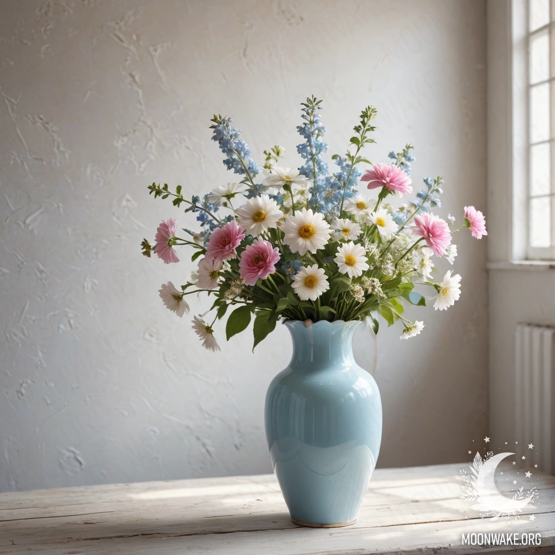 Pastel Blue Vase with Flowers A shabby pastel blue vase filled with white and pink flowers against a white wall, illuminated by sunlight.