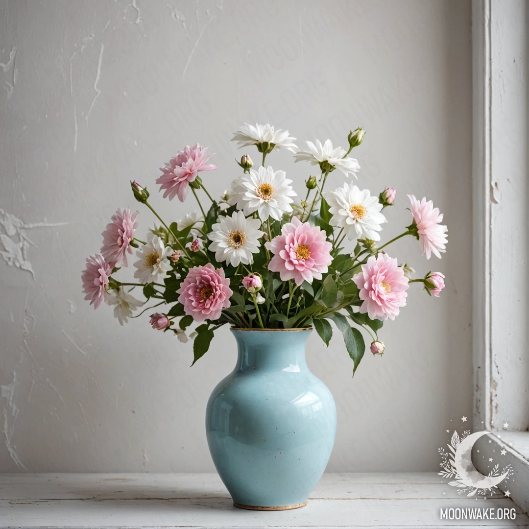 A shabby pastel blue vase with white and pink flowers against a white wall.