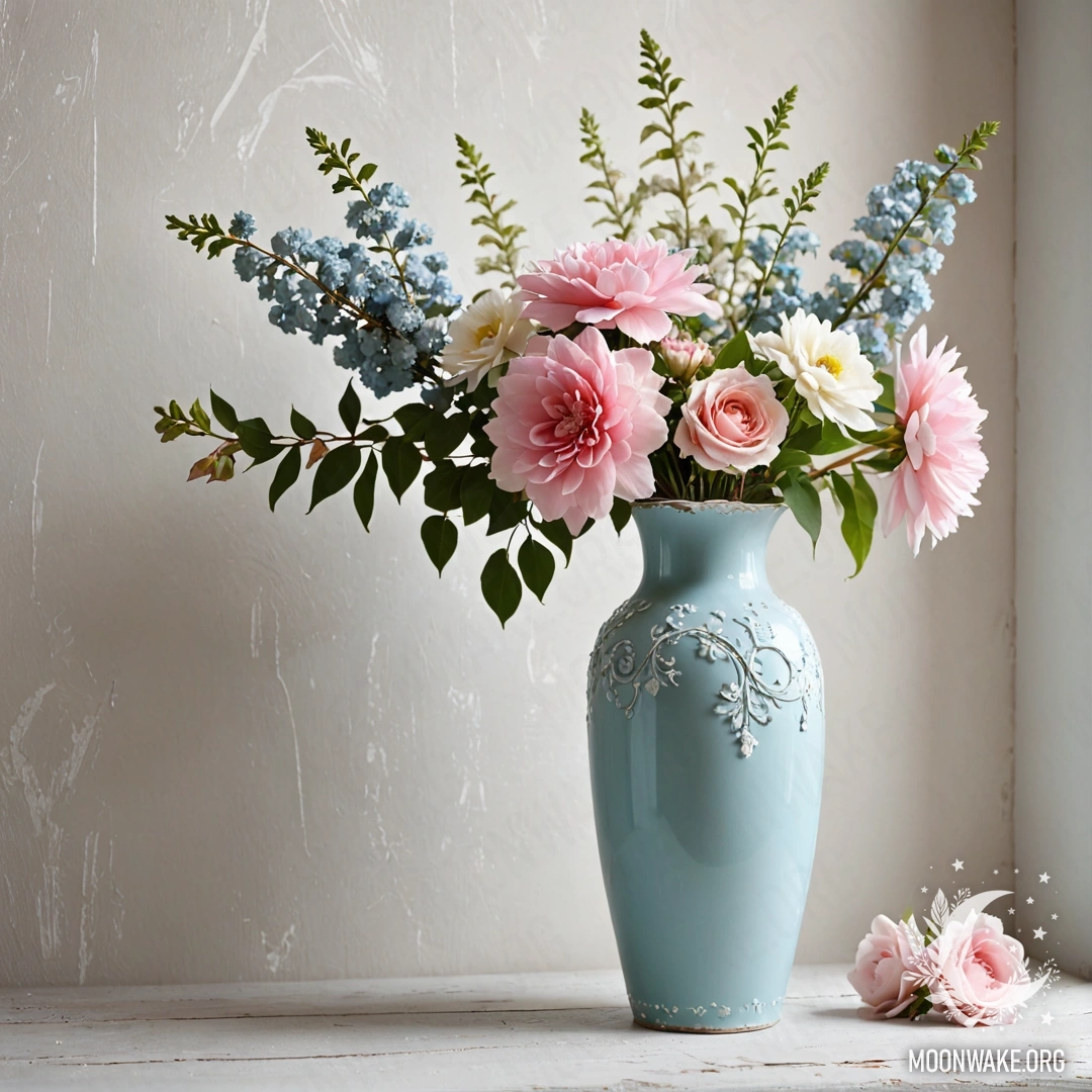 Pastel Blue Vase with Flowers A shabby pastel blue vase filled with white and pink flowers against a shabby white wall adorned with garland lights.