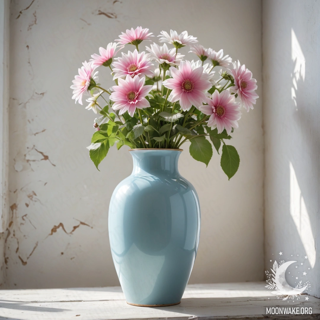 A shabby pastel blue vase filled with white and pink flowers.
