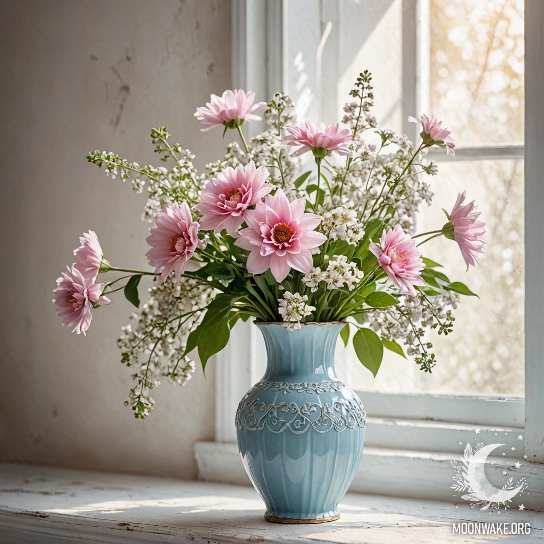 A shabby pastel blue vase filled with white and pink flowers against a distressed white wall, illuminated by sunlight.
