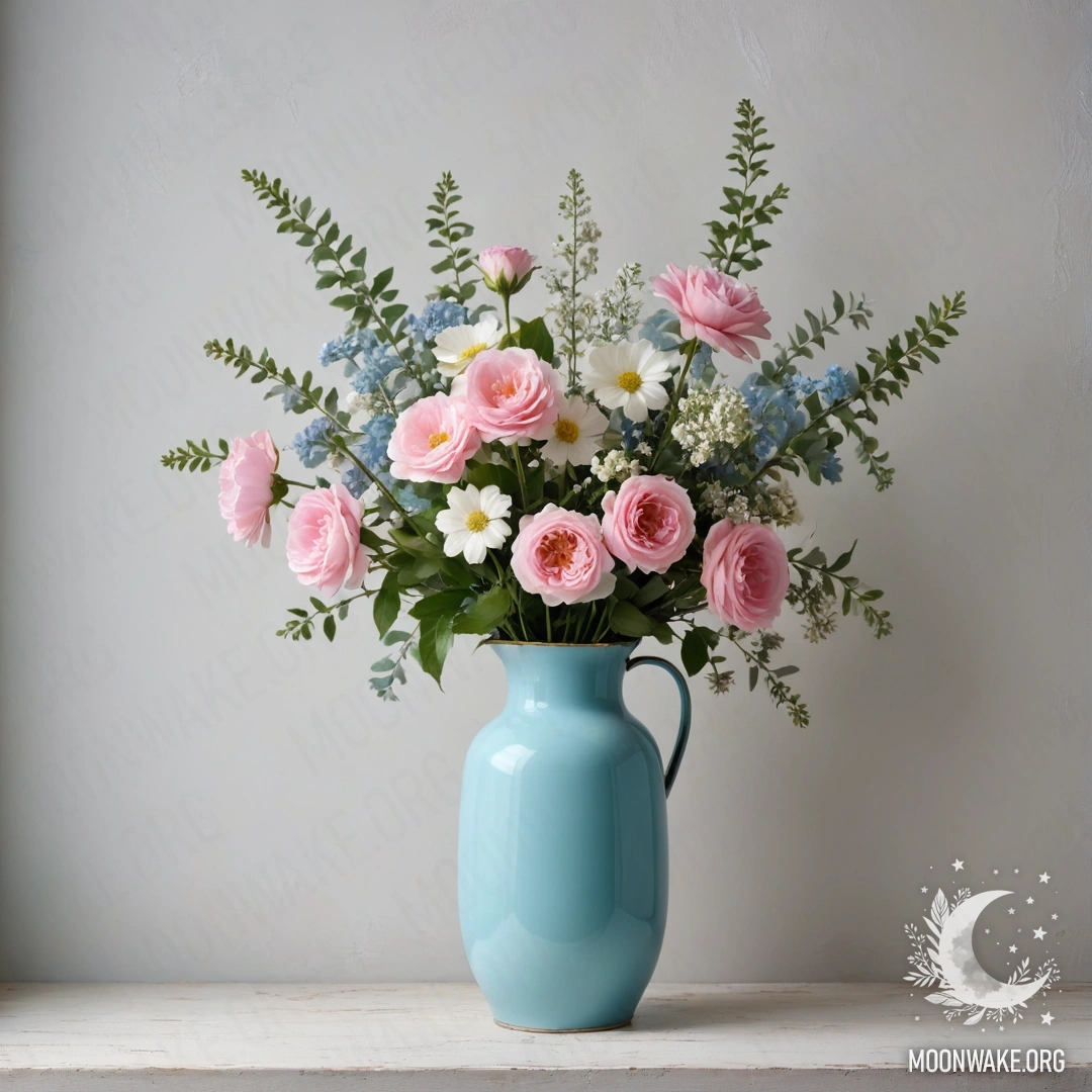 A shabby pastel blue vase filled with white and pink flowers against a worn white wall, illuminated by garland lights.