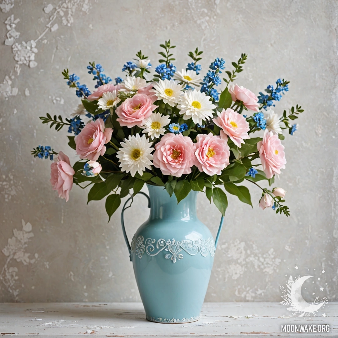 A shabby pastel blue vase with white and pink flowers against a white wall with garland lights.
