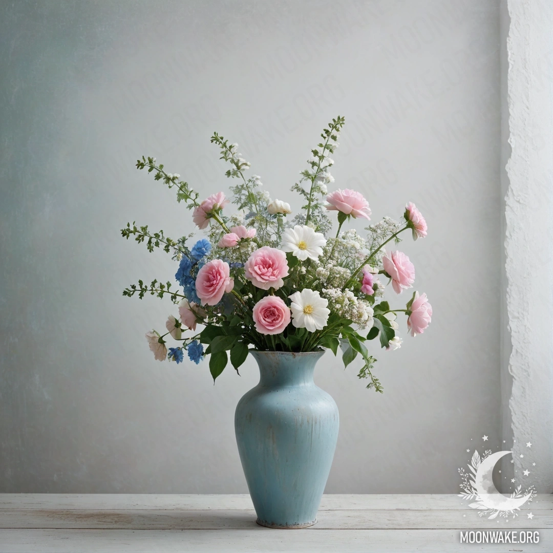 A shabby pastel blue vase holding white and pink flowers against a white wall, enveloped in dense mist.