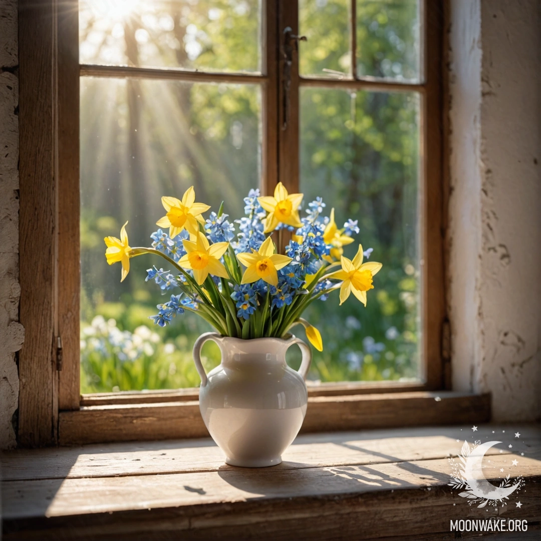 A shabby pastel blue vase filled with white and pink flowers against a worn white wall.
