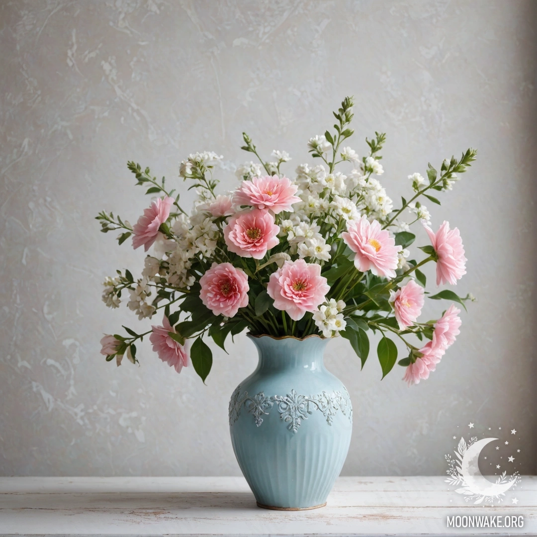 Pastel Blue Vase with Flowers A shabby pastel blue vase filled with white and pink flowers against a worn white wall.