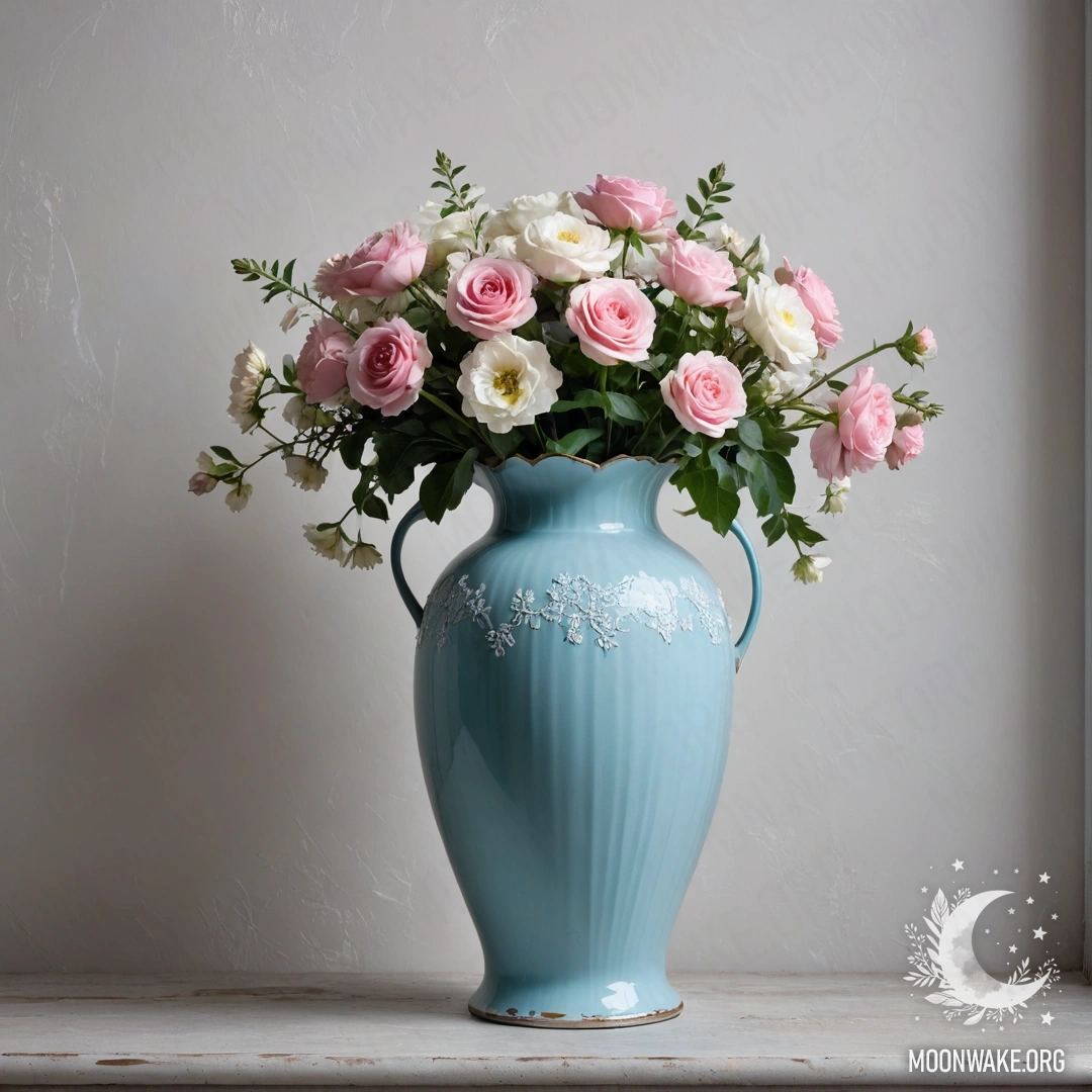 Pastel Blue Vase with Flowers on a Shabby Wall A shabby pastel blue vase holding white and pink flowers against a white wall, illuminated by night.