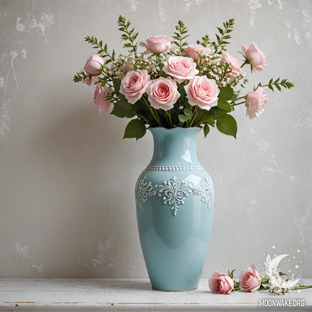 Realistic pastel blue vase filled with white and pink flowers against a shabby white wall illuminated by garland lights.