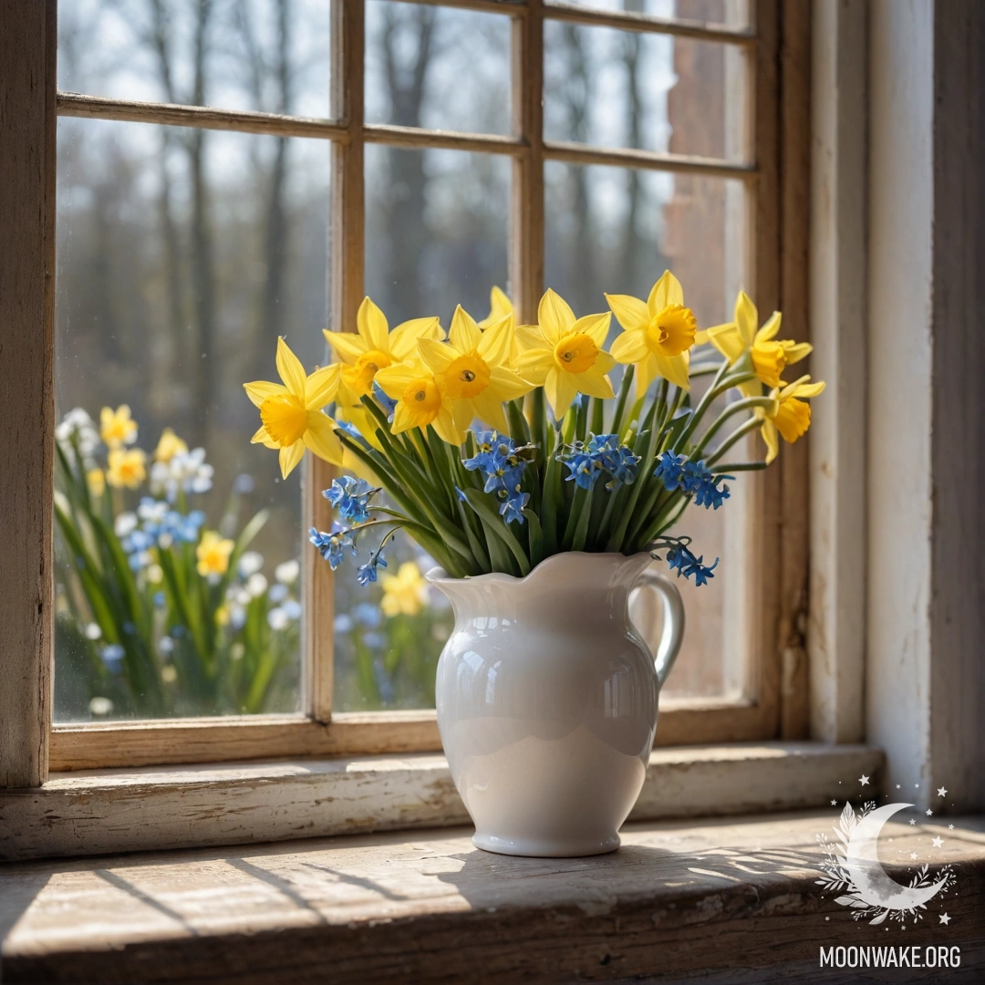 A shabby metal vase in pastel blue filled with white and pink flowers, set against a weathered white wall illuminated by sun rays.