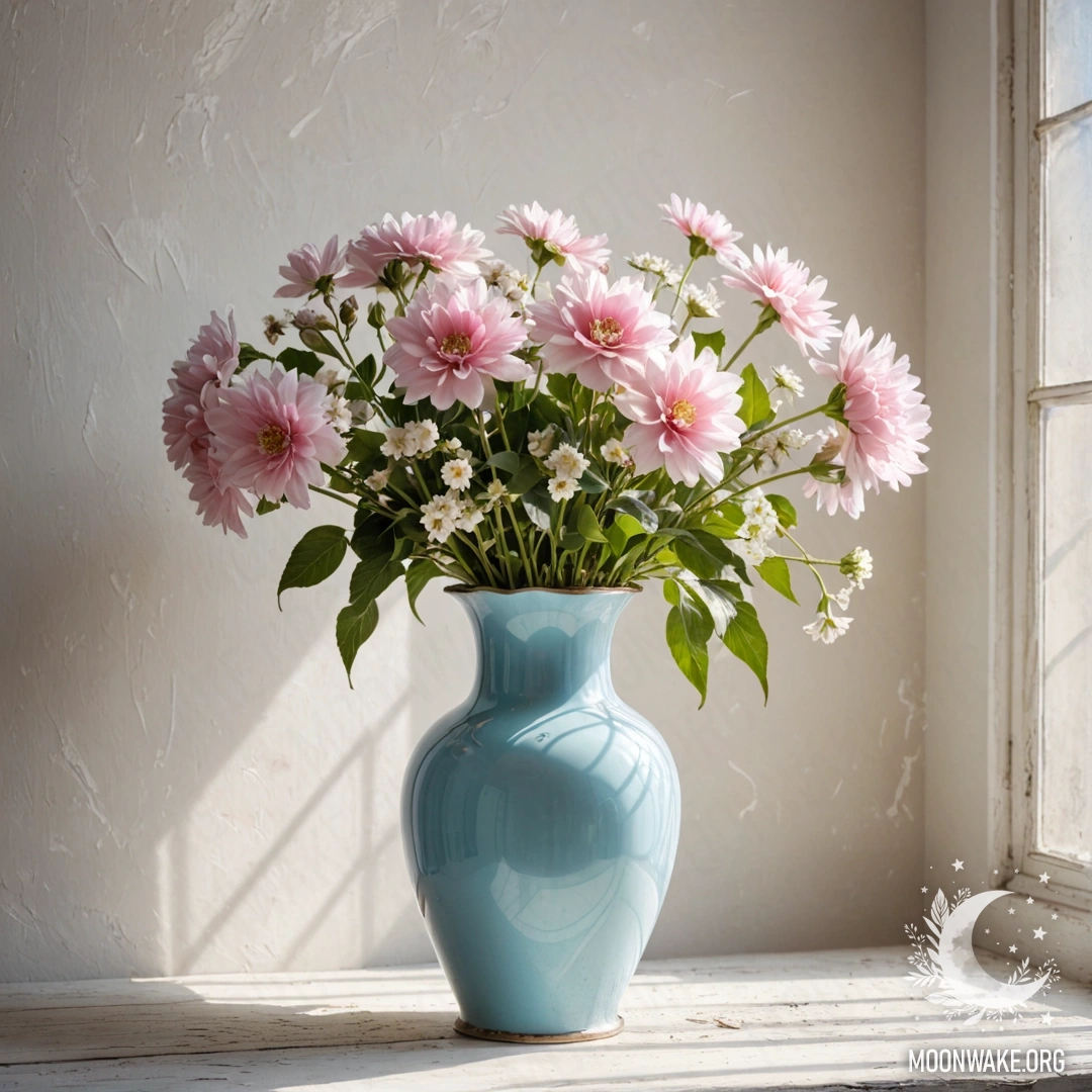 Pastel Blue Vase with Flowers A shabby metal vase in pastel blue filled with white and pink flowers against a shabby white wall illuminated by sun rays.