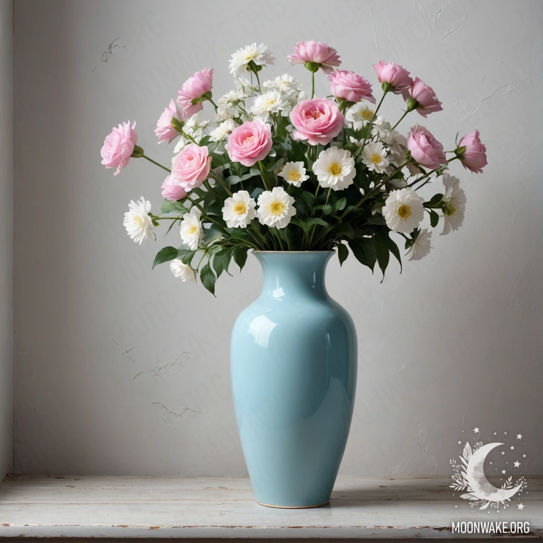 A shabby pastel blue vase filled with white and pink flowers against a worn white wall at night.
