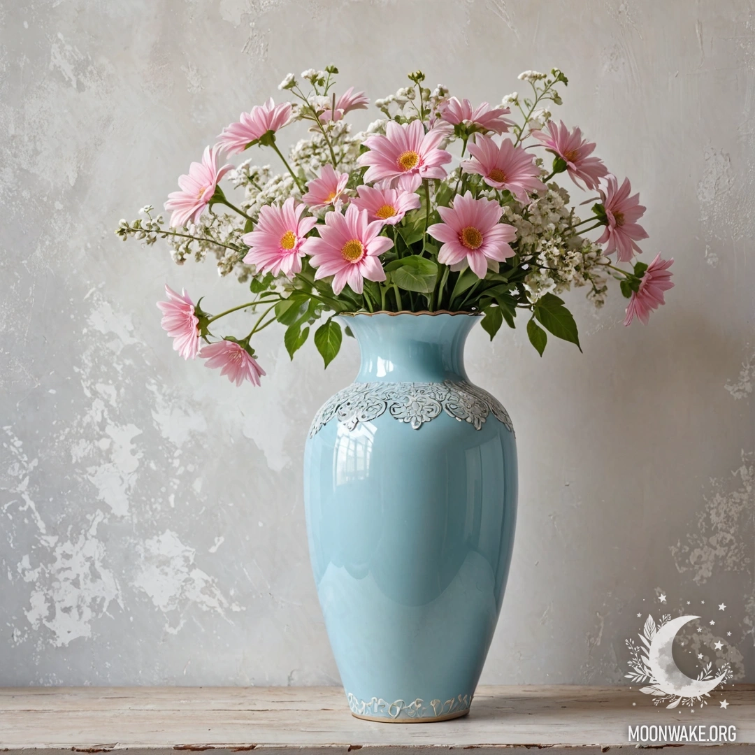 Pastel Blue Vase with Flowers A shabby metal vase in pastel blue filled with white and pink flowers against a white wall, illuminated by sun rays.