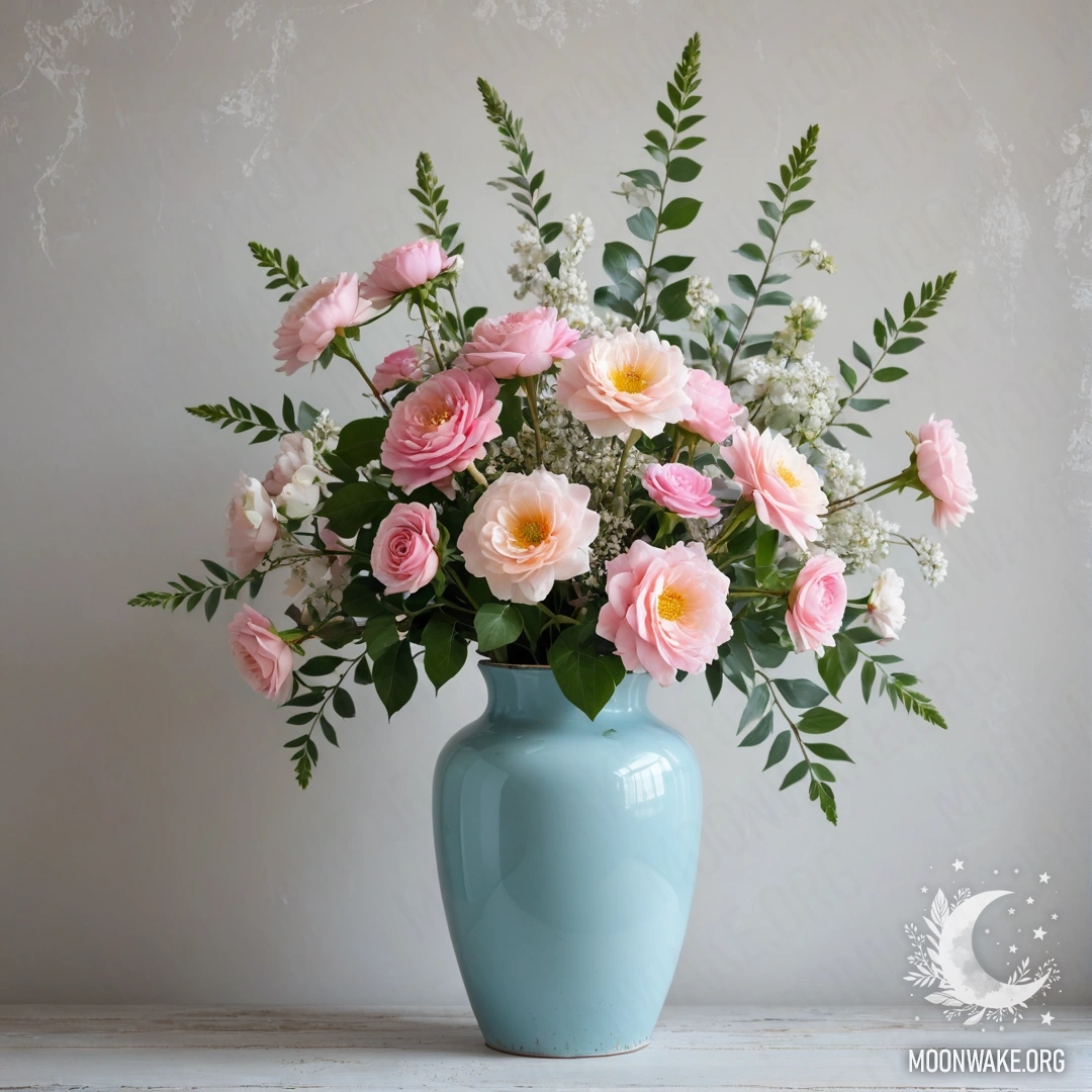 A shabby pastel blue vase with white and pink flowers against a white wall, illuminated by garland lights.