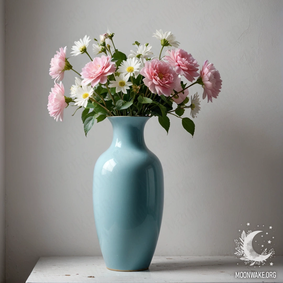 Pastel Blue Vase with Flowers A shabby pastel blue vase filled with white and pink flowers against a worn white wall at night.