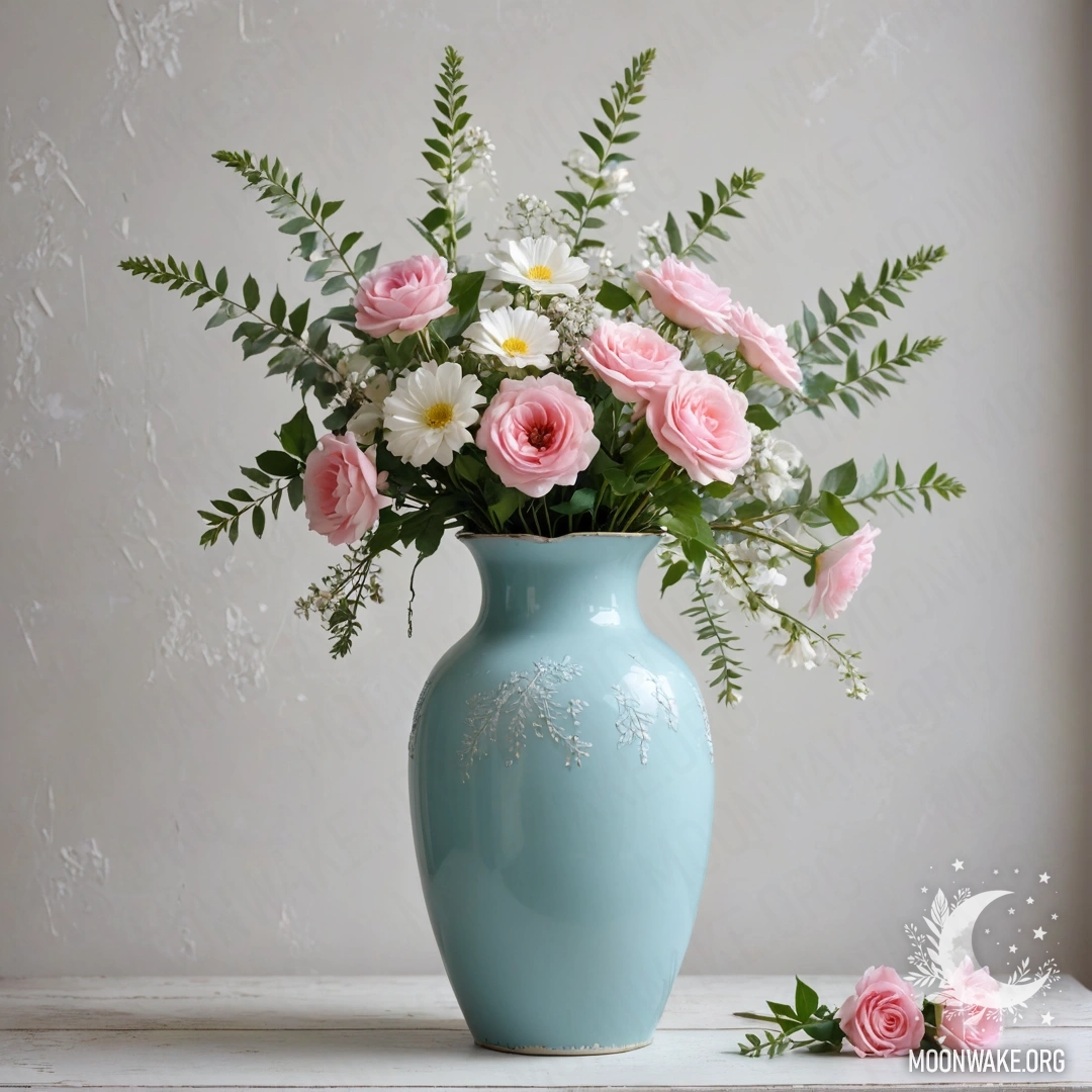 A shabby pastel blue vase filled with white and pink flowers against a worn white wall adorned with soft garland lights.
