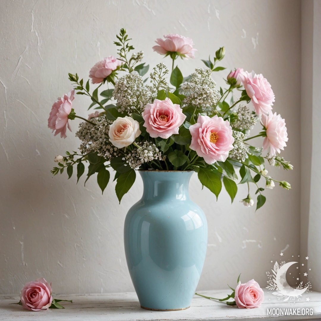 Pastel Blue Vase with Flowers A shabby pastel blue vase with white and pink flowers against a white wall.