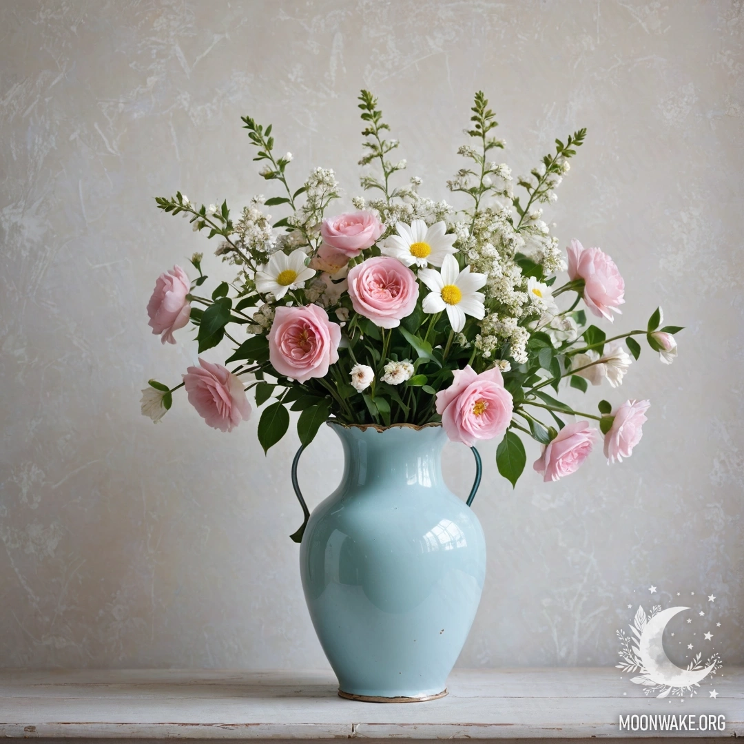 A shabby pastel blue vase filled with white and pink flowers against a shabby white wall.
