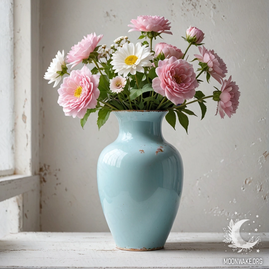 A shabby pastel blue vase filled with white and pink flowers, set against a distressed white wall.