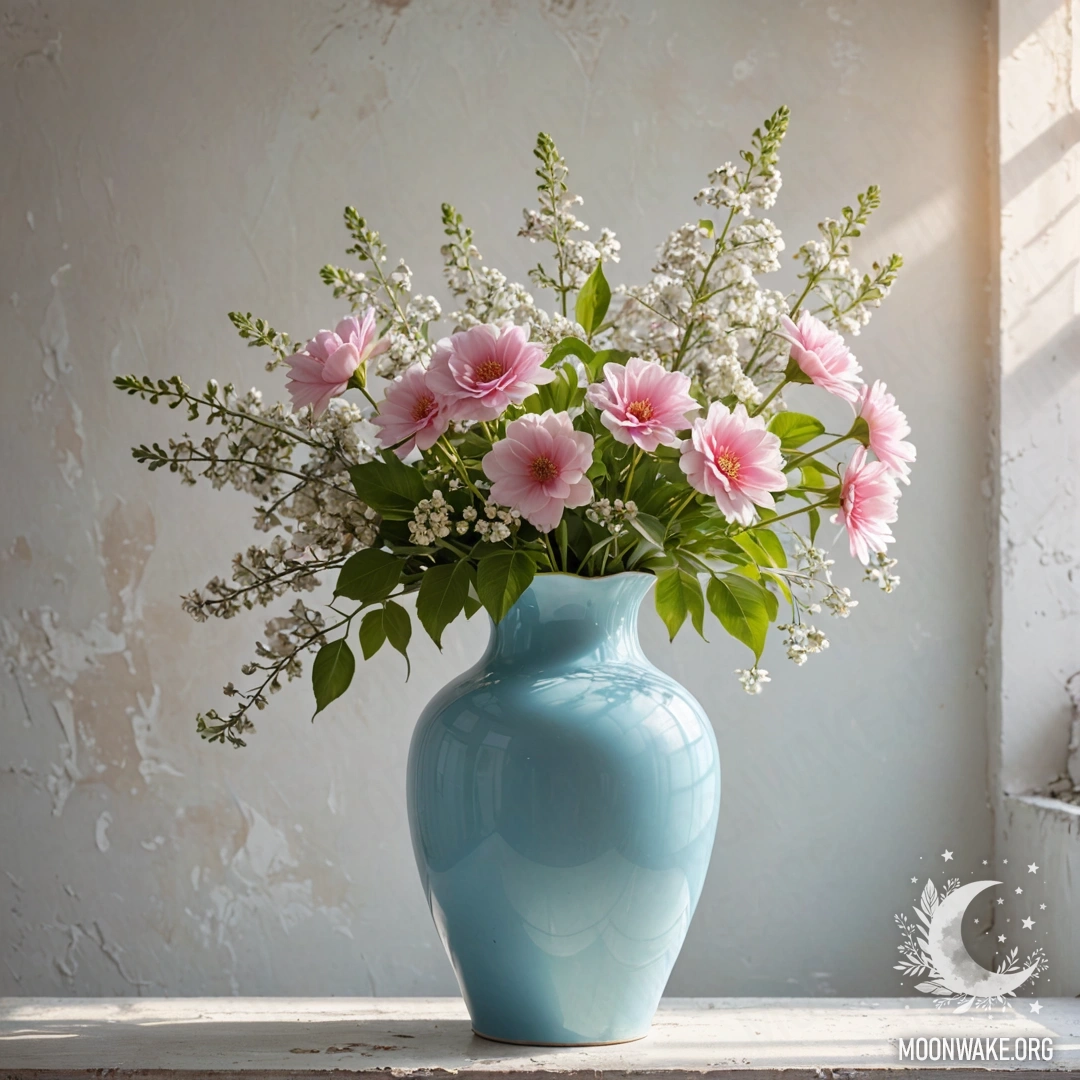 Pastel Blue Vase with Flowers A shabby metal vase in pastel blue with white and pink flowers against a weathered white wall, illuminated by sun rays.
