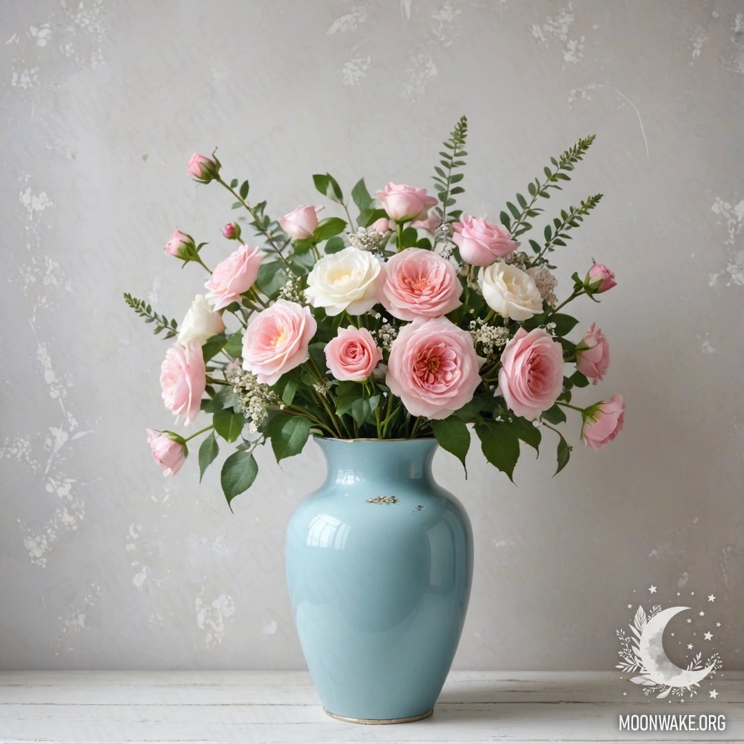 A shabby pastel blue vase filled with white and pink flowers against a worn white wall illuminated by garland lights.
