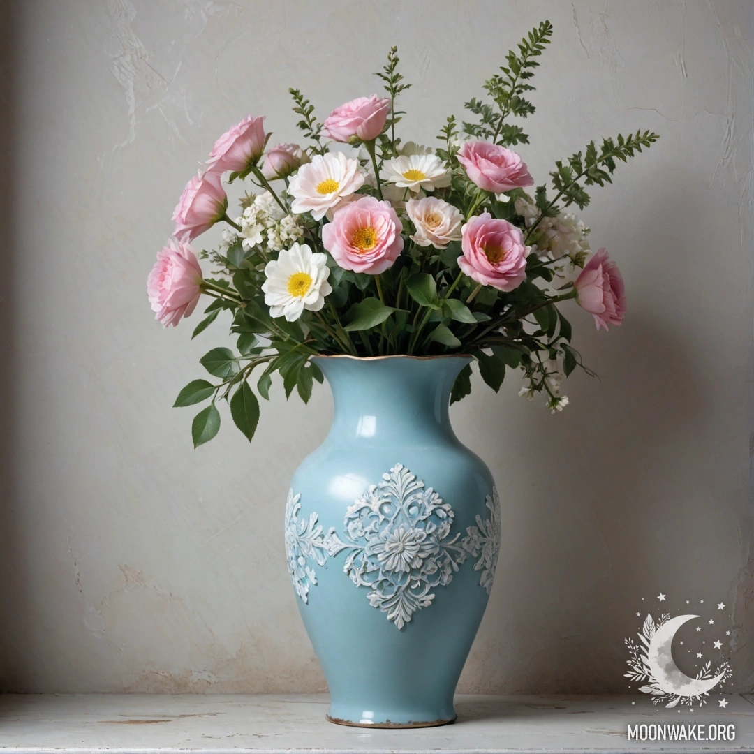 A shabby pastel blue vase filled with white and pink flowers against a shabby white wall at nighttime.