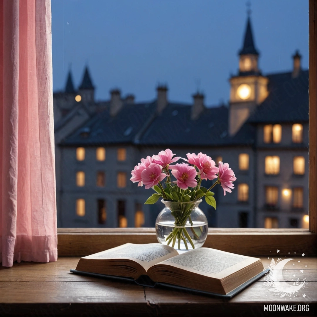 A shabby metal pastel blue vase filled with white and pink flowers against a worn white wall illuminated by sunlight.